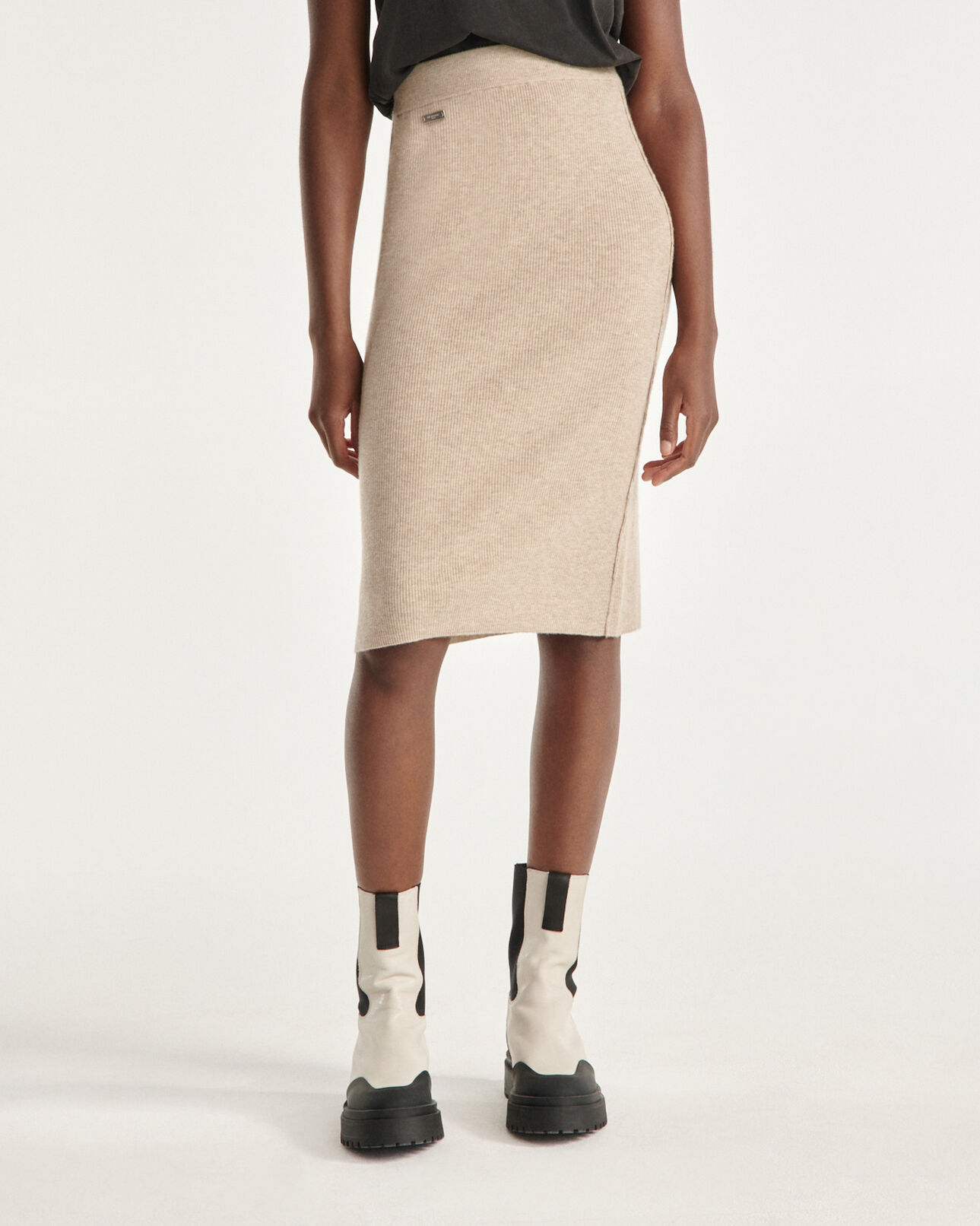 The Kooples FEMME BEIGE jupe courte laine cachemire beige côtes