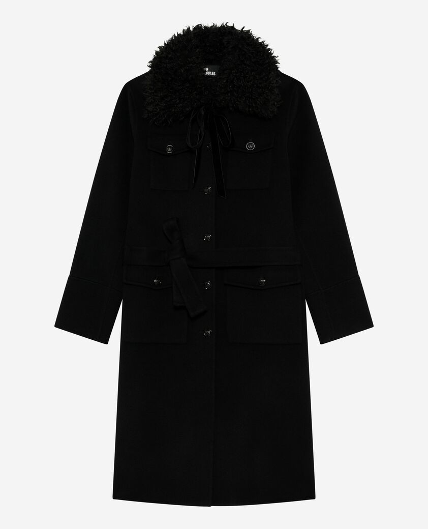 The Kooples DAMEN BLACK langer doppelseitiger wollmantel mit schwarzem sherpa-kragen