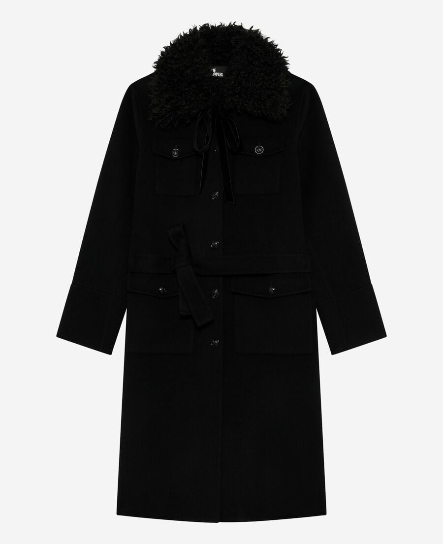 The Kooples DAMEN BLACK langer doppelseitiger wollmantel mit schwarzem sherpa-kragen