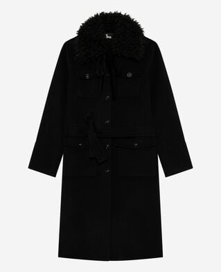 The Kooples DAMEN BLACK langer doppelseitiger wollmantel mit schwarzem sherpa-kragen