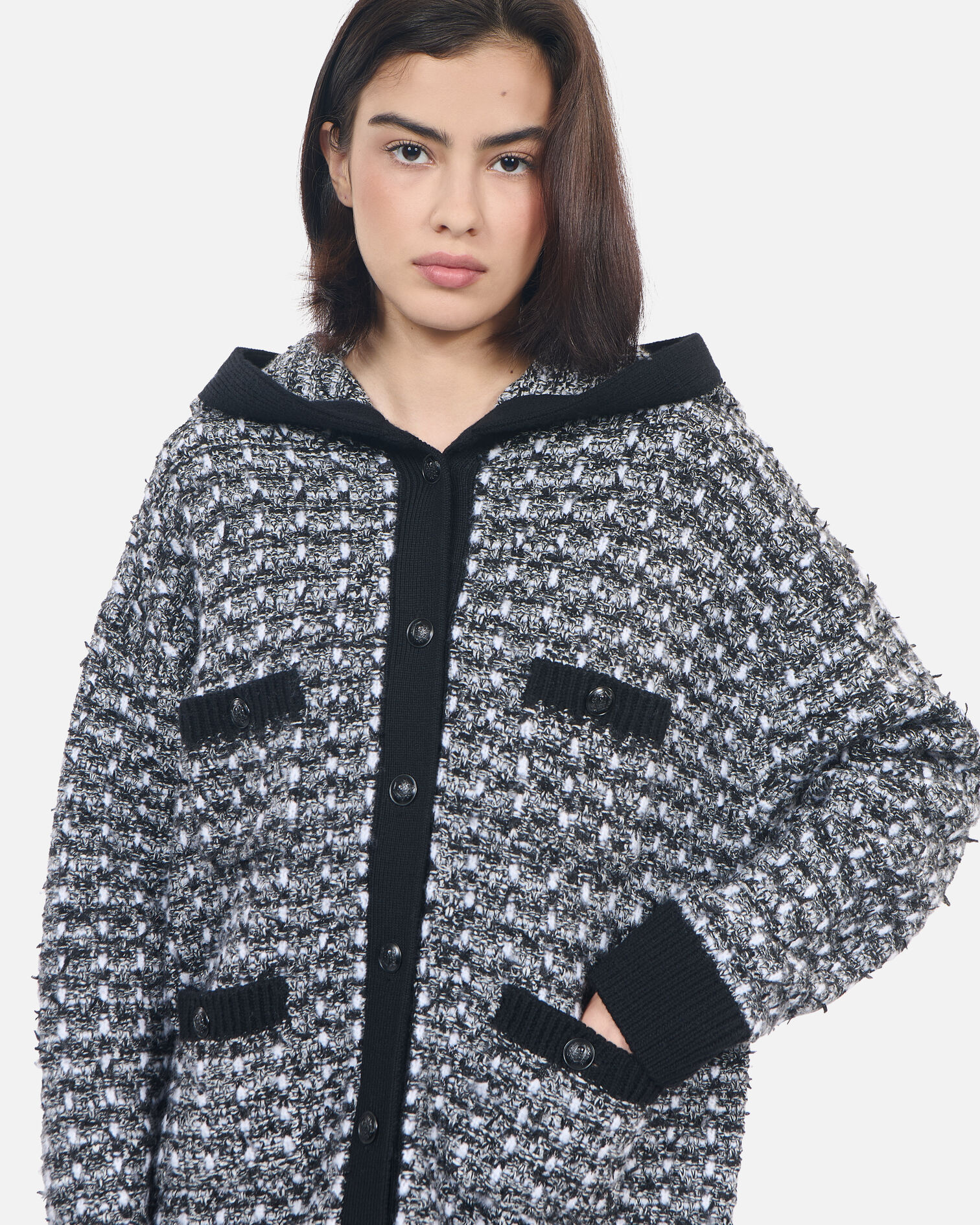 Cardigan à capuche en tweed noir et blanc, BLACK / WHITE, hi-res image number null