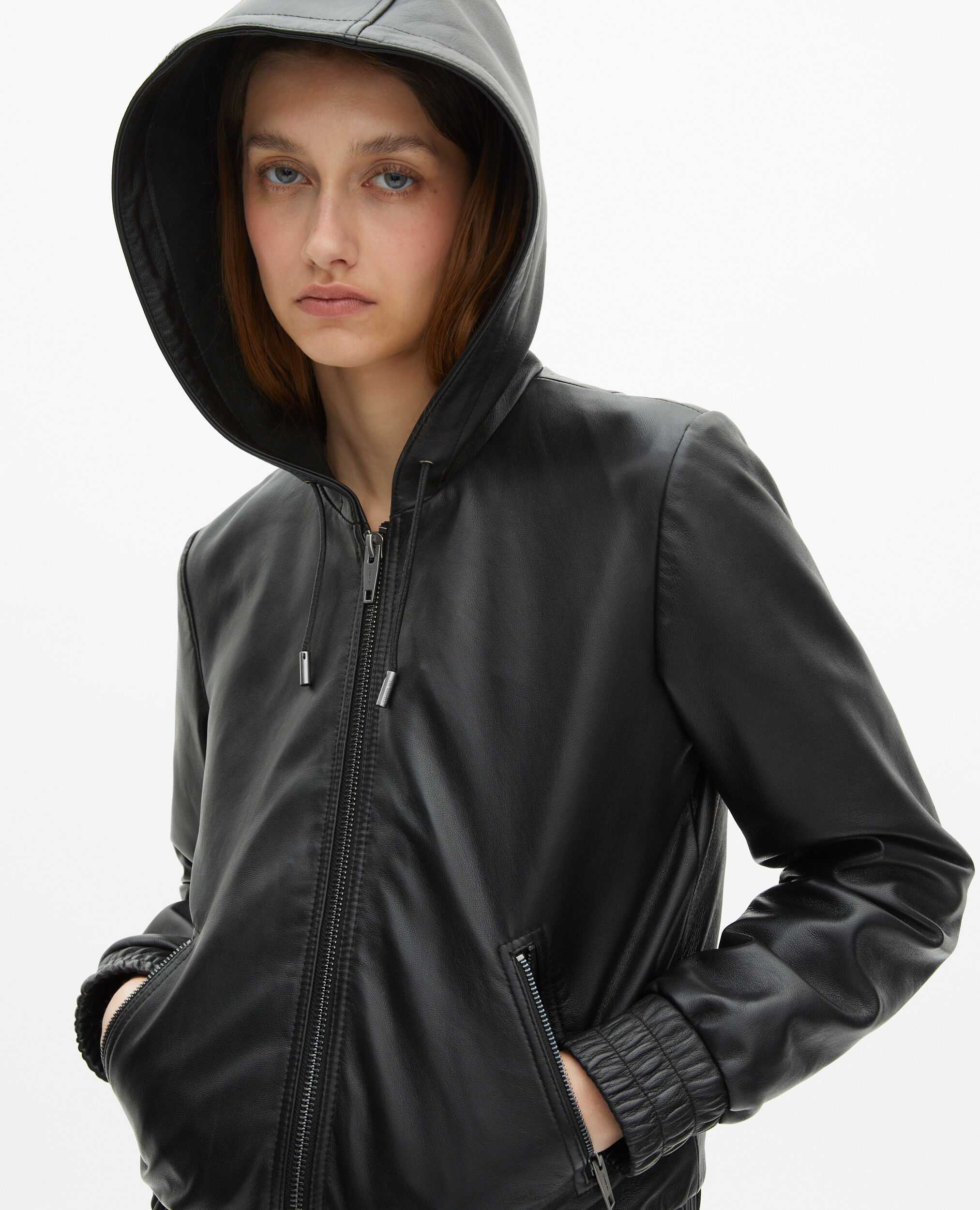 Black leather hooded jacket | The Kooples US