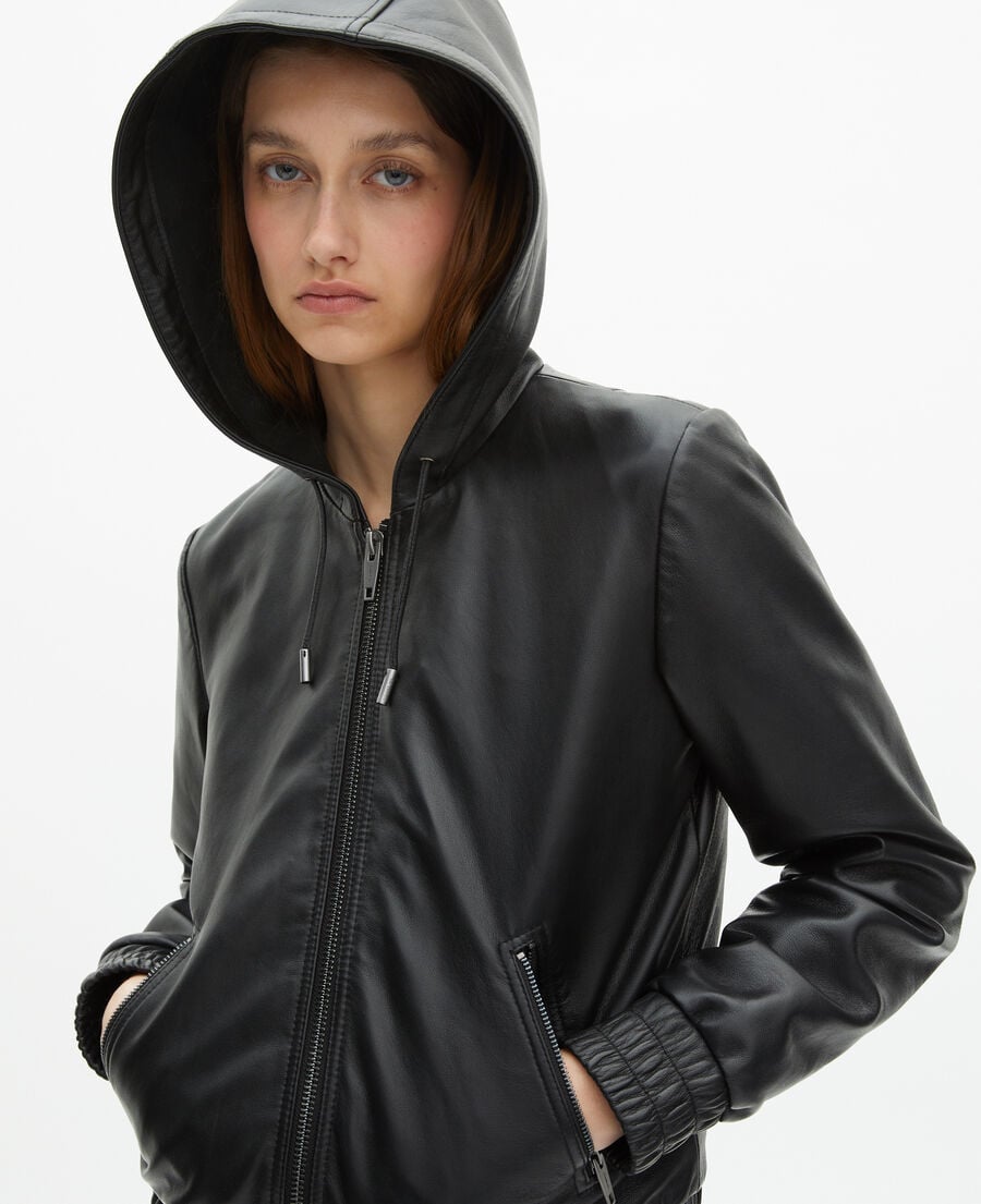 The Kooples WOMEN BLACK black leather hooded jacket