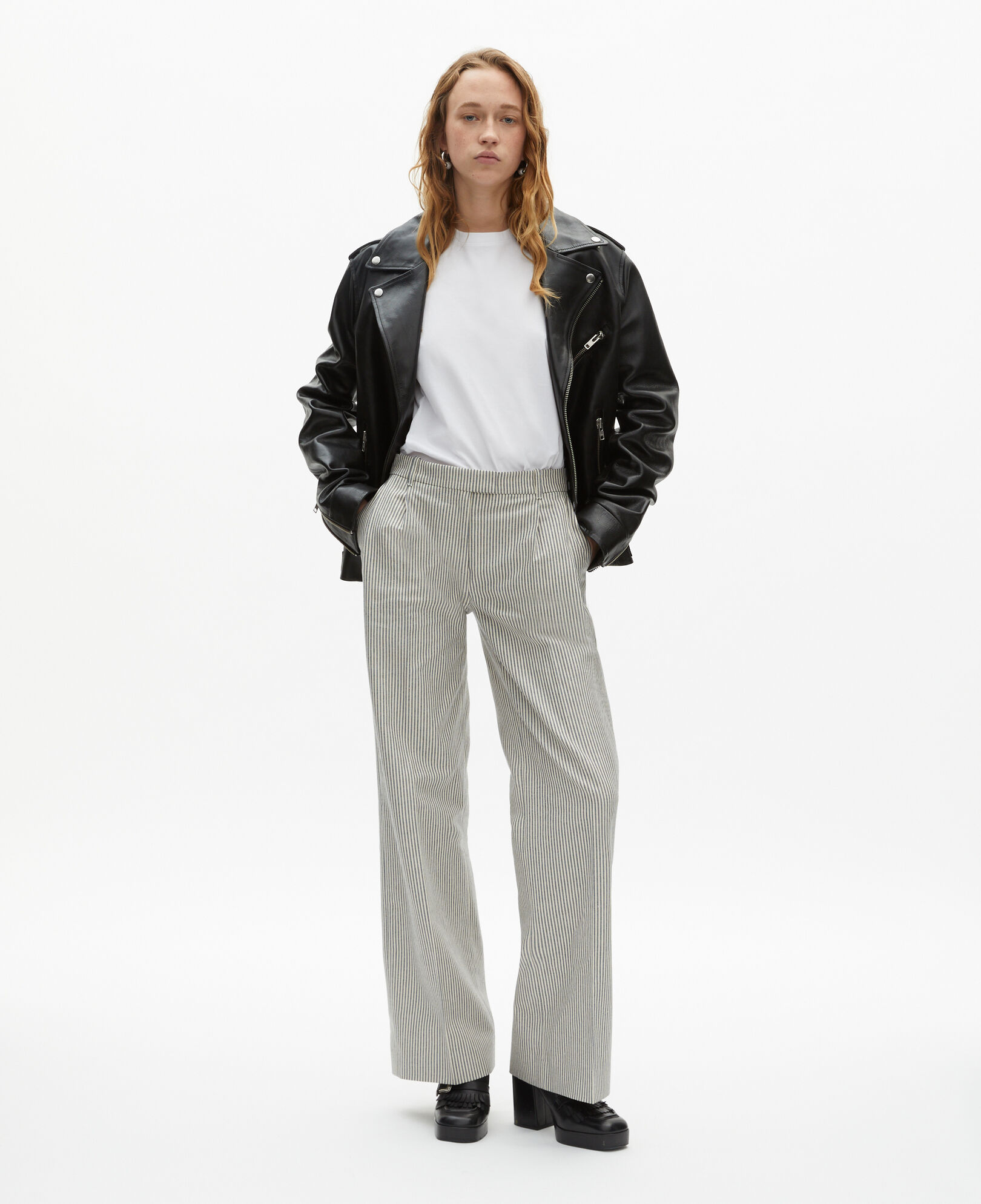 The Kooples DAMEN BLANC / BLEU weiße, weite hose aus baumwolle und leinen mit streifen
