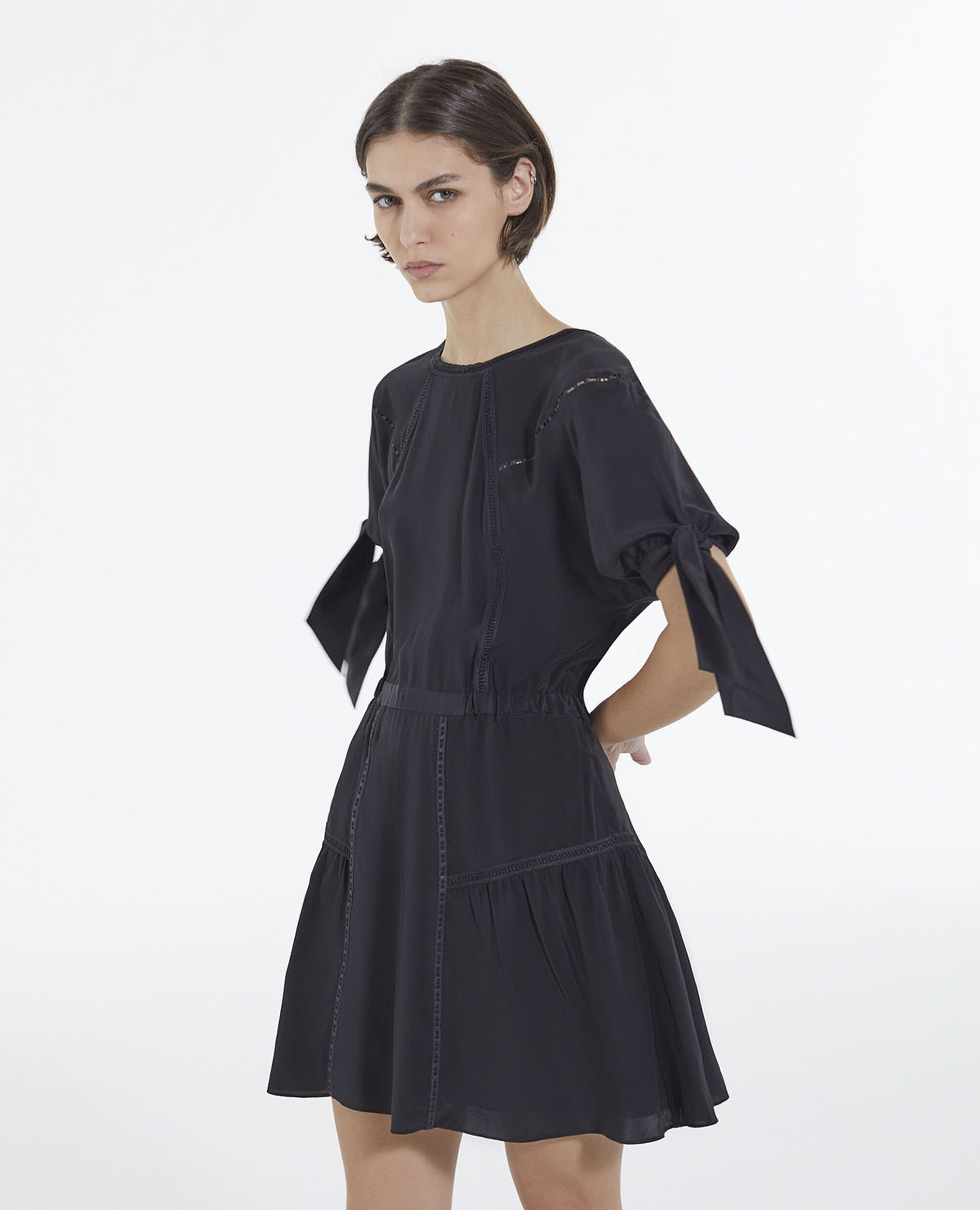 Short black silk dress with knotted sleeves, BLACK, hi-res image number null