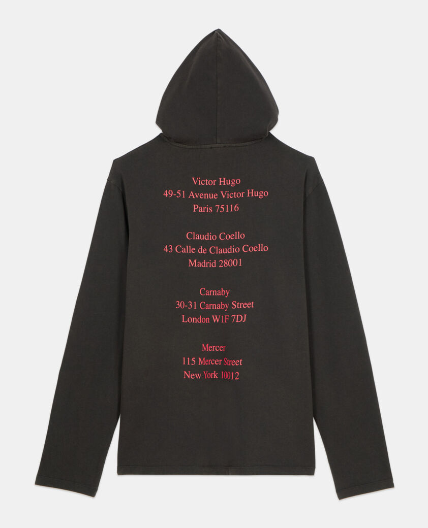 The Kooples HERREN BLACK WASHED schwarzes kapuzen-t-shirt mit langen &auml;rmeln