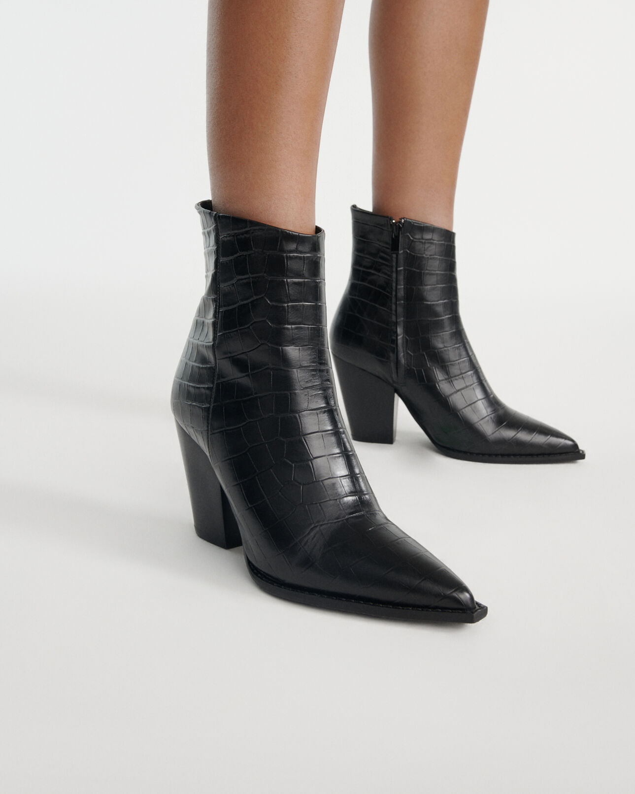 The Kooples FEMME BLACK bottines noires à talon cuir façon croco