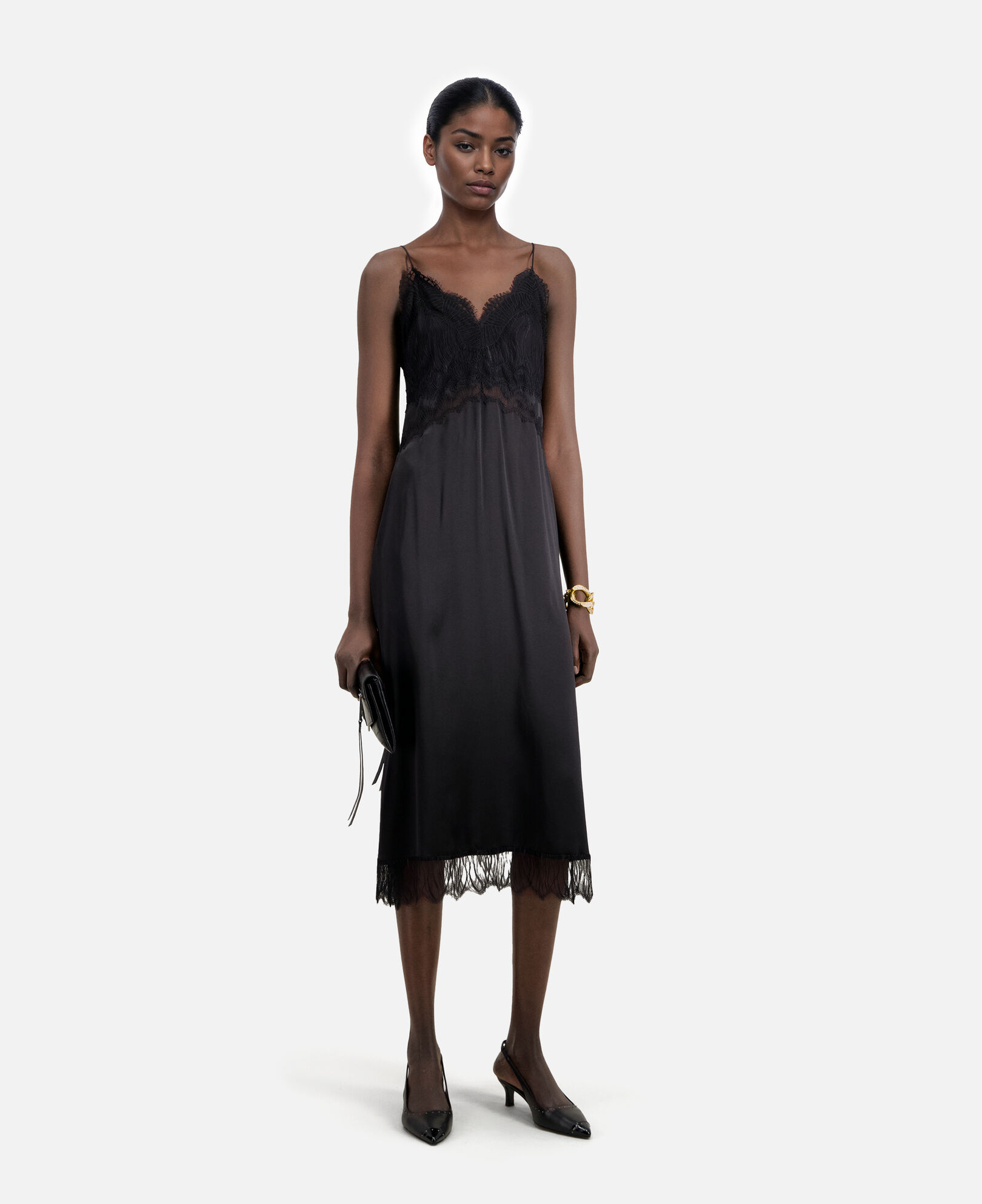 The Kooples MUJER BLACK vestido lencero largo seda negro encaje
