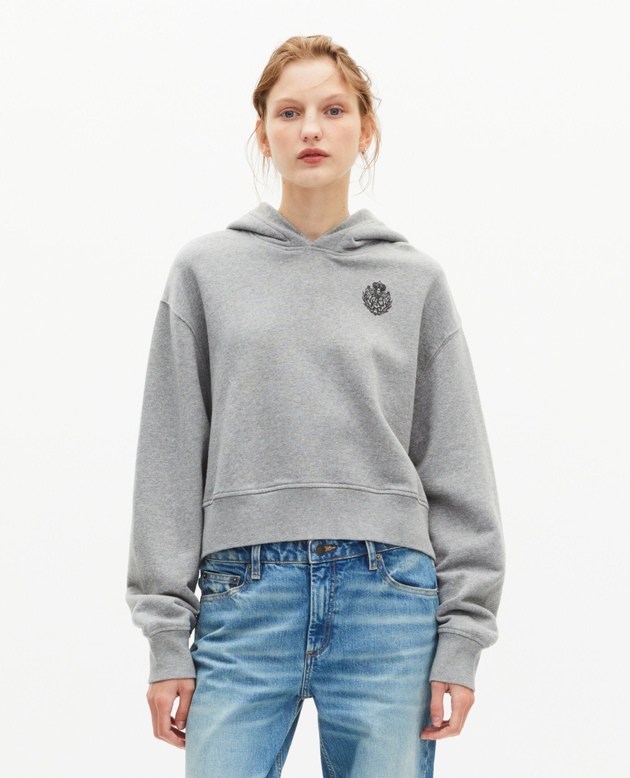 Sweatshirt court à capuche gris, GREY MELANGE, hi-res image number null