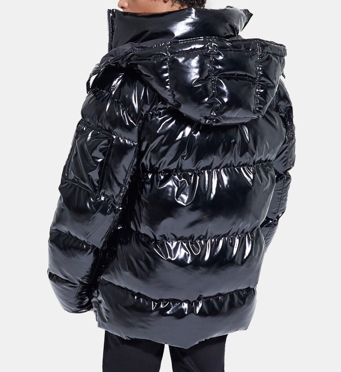Black vinyl puffer jacket top with hood