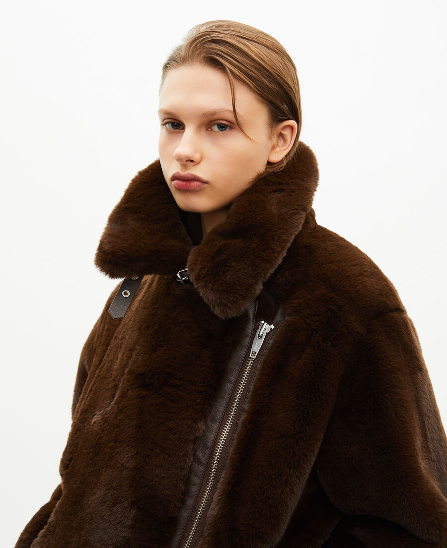 The Kooples F CHOCOLATE brown fur-effect aviator jacket