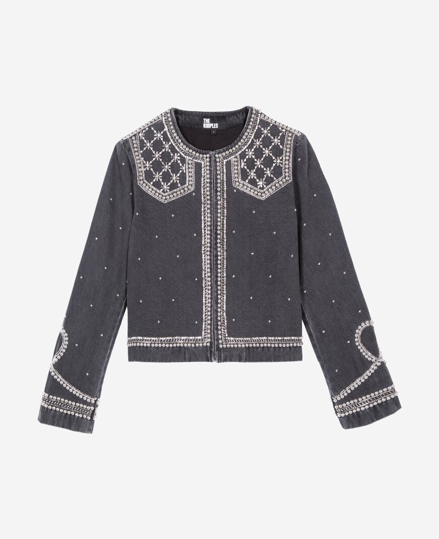 The Kooples WOMEN BLACK WASHED grey denim jacket with studs and pearls