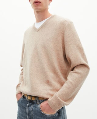 The Kooples HOMME BEIGE MELANGE pull col v en cachemire beige