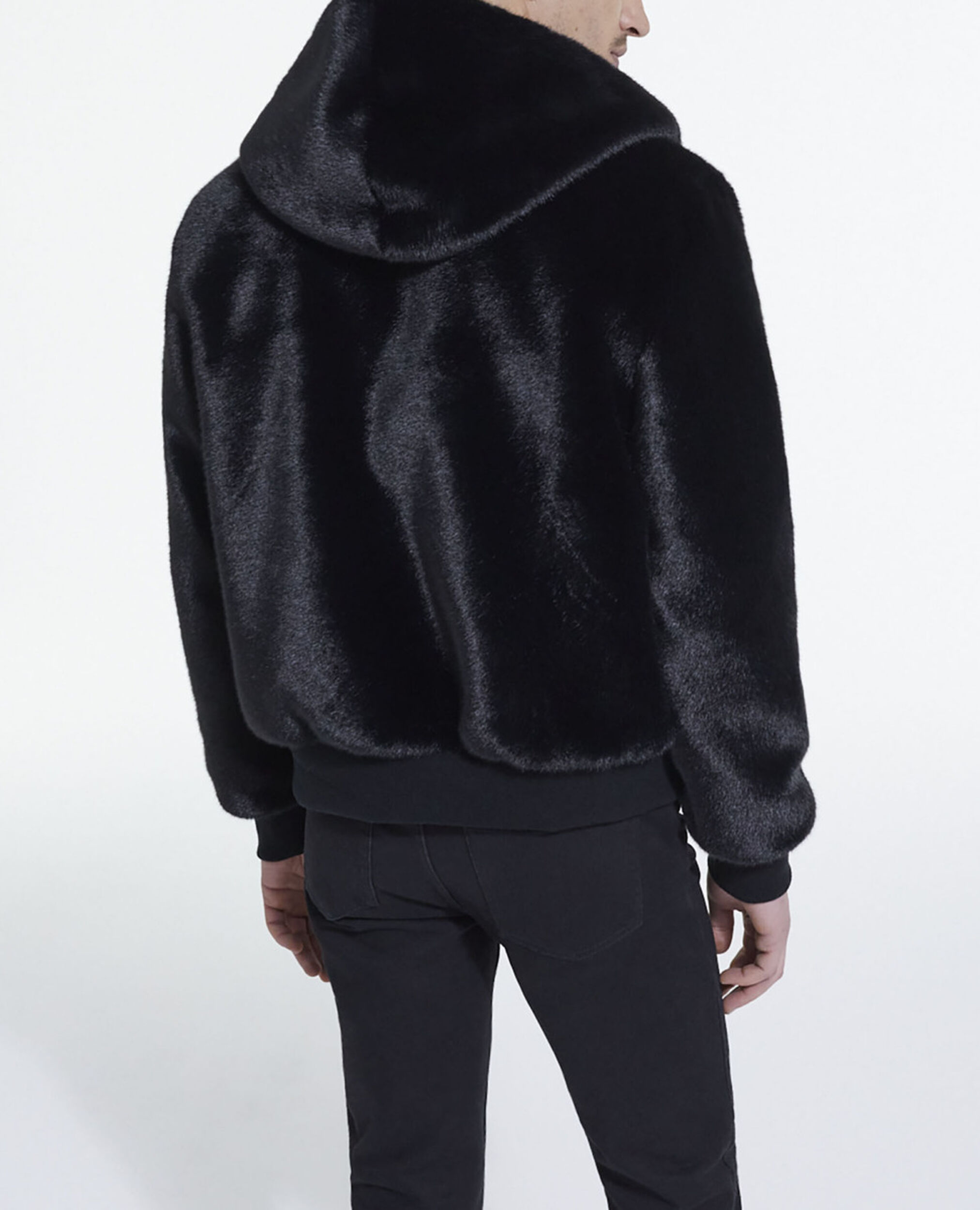 Faux fur coat with gray hood, BLACK, hi-res image number null