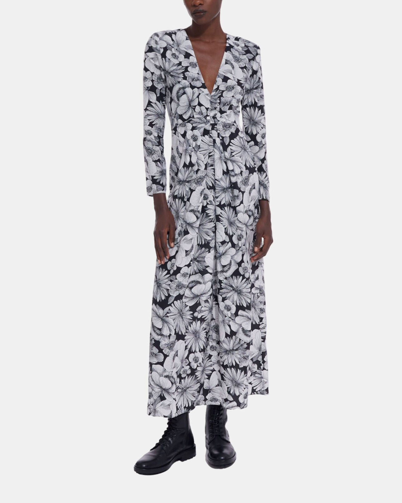 The Kooples WOMEN BLACK WHITE long floral silk dress