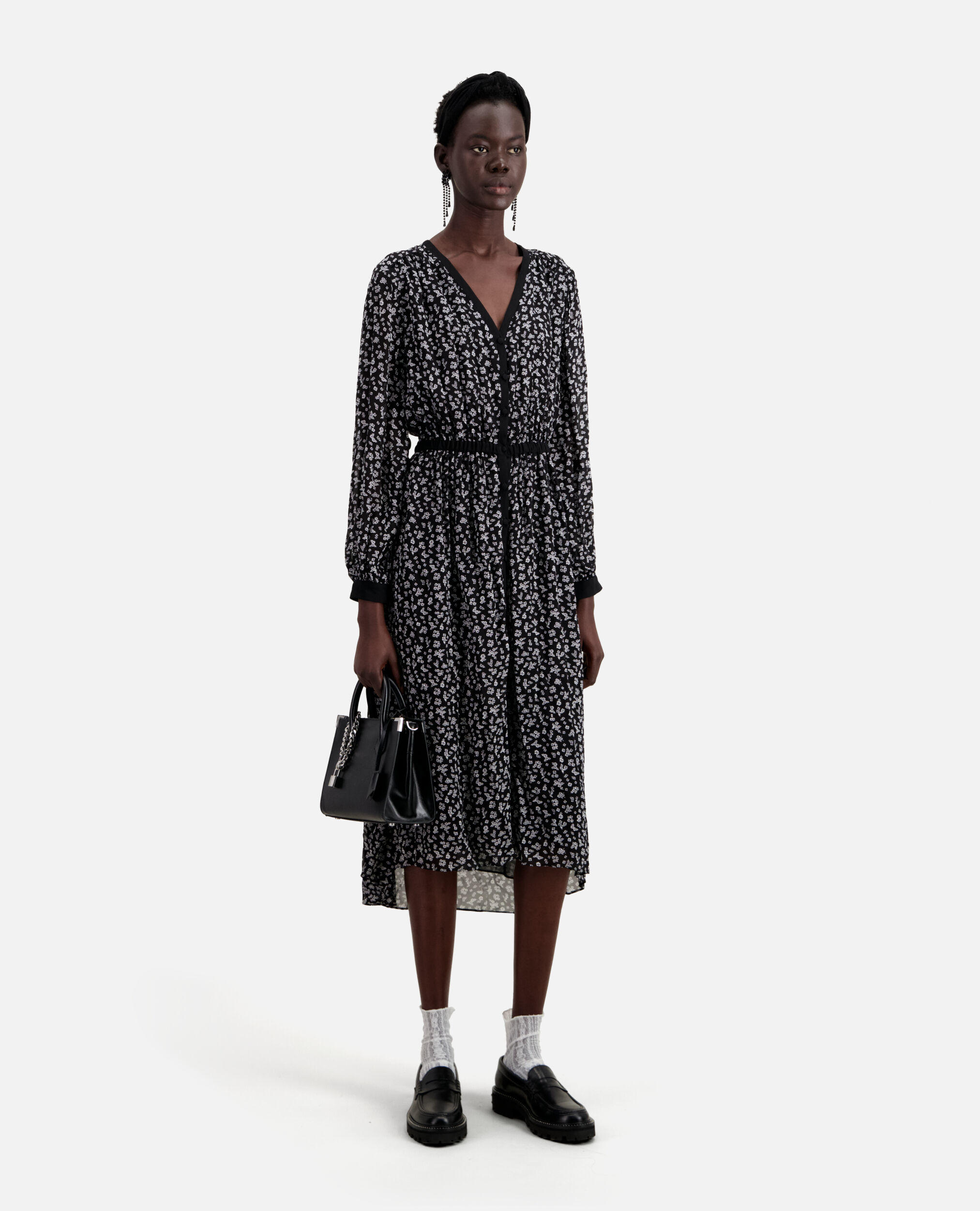 Langes Kleid mit Print und Knopfverschluss, BLACK-ECRU, hi-res image number null