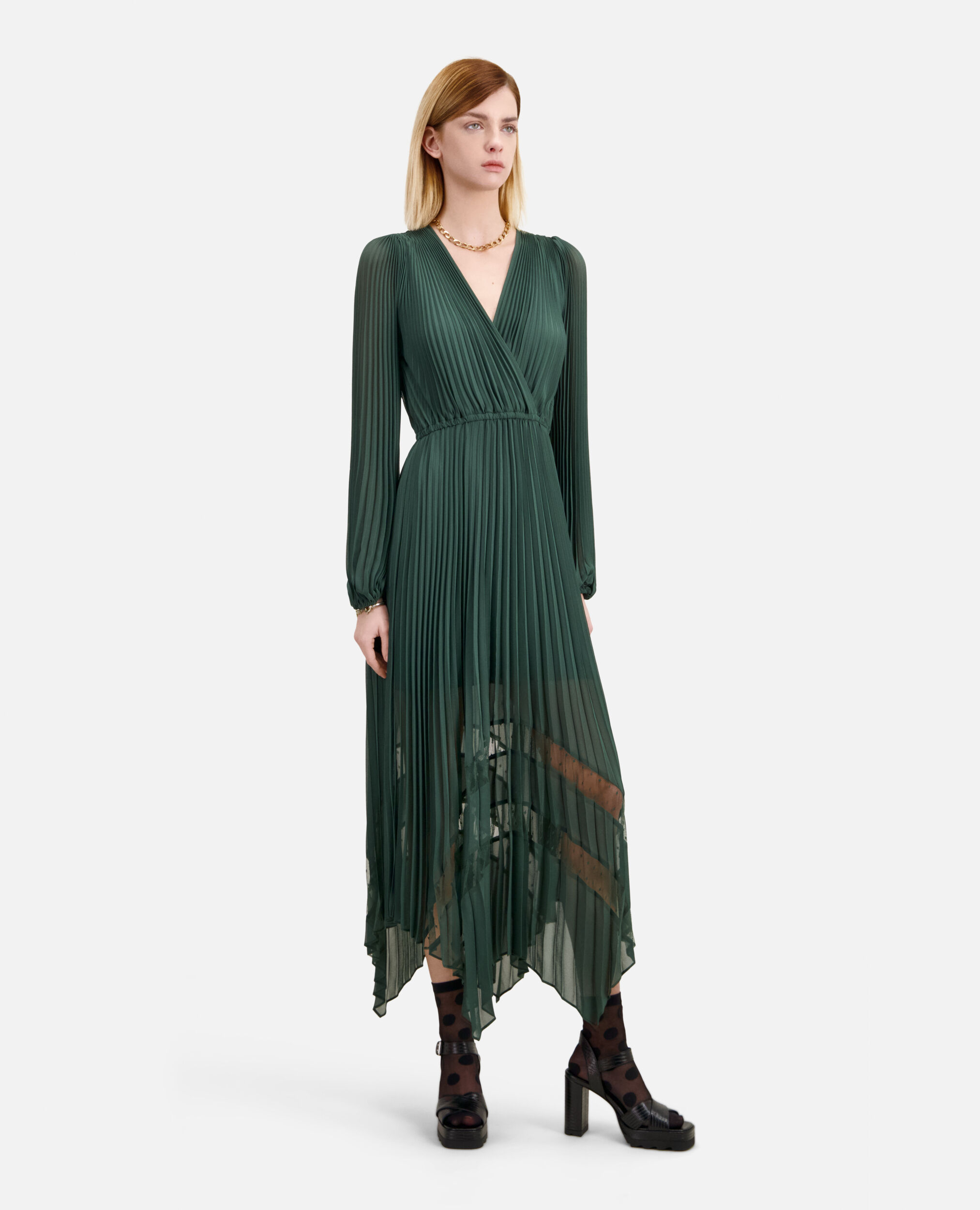 Langes, grünes Kleid mit Plissierung, WOOD KAKI, hi-res image number null