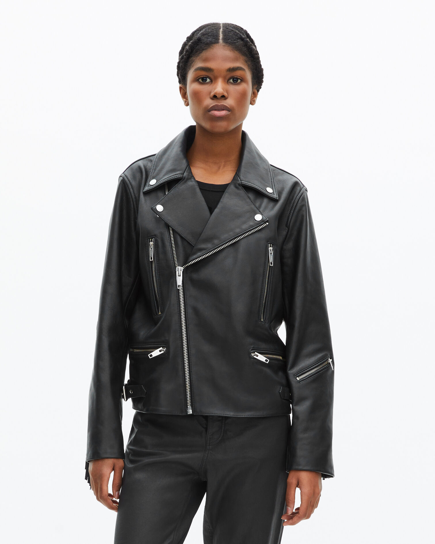 Lederblouson mit Fransen in Schwarz, BLACK, hi-res image number null