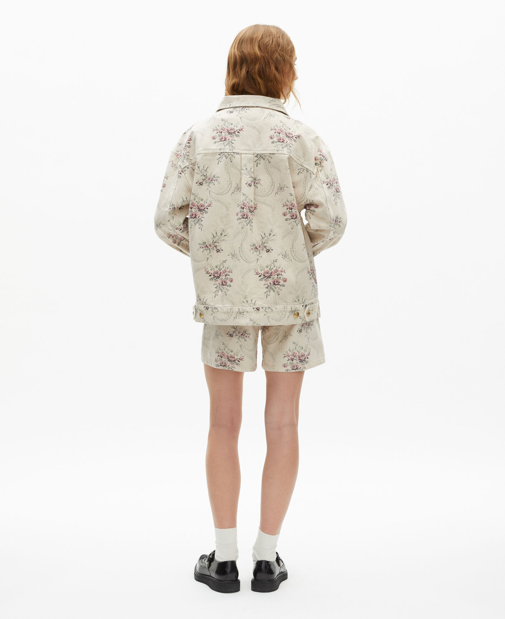 The Kooples WOMEN BEIGE TAUPE beige denim jacket with 'antik flowers' print