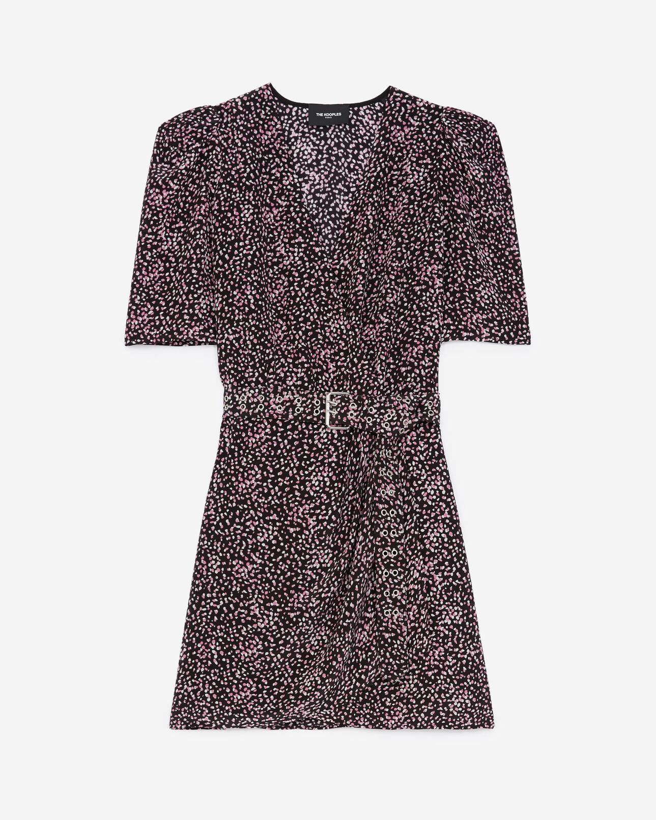 The Kooples DAMEN BLACK / PINK wickelkleid schwarz und rosa mit motiven