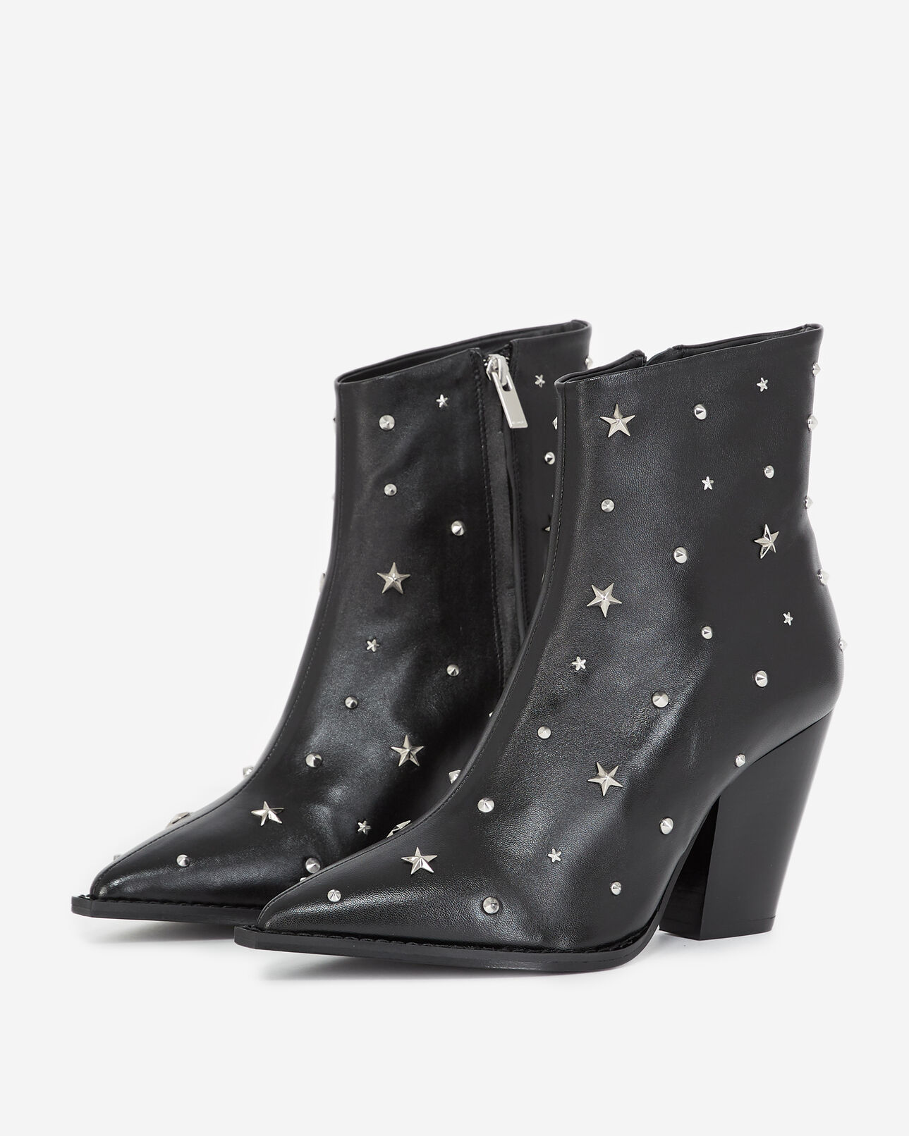The Kooples WOMEN BLACK / SILVER heeled black ankle boots in leather w/studs