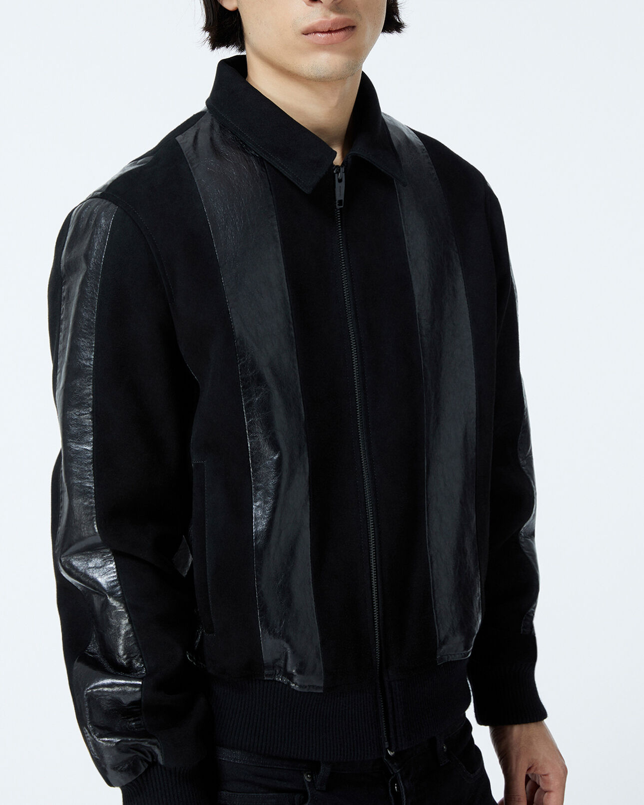 The Kooples MEN BLACK black leather jacket with contrasting stripes
