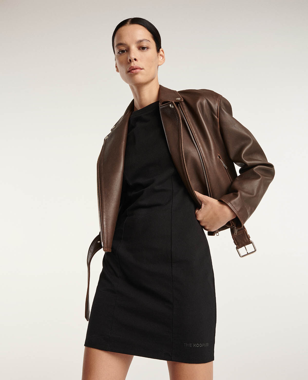 Zipped brown aged effect leather jacket The Kooples
