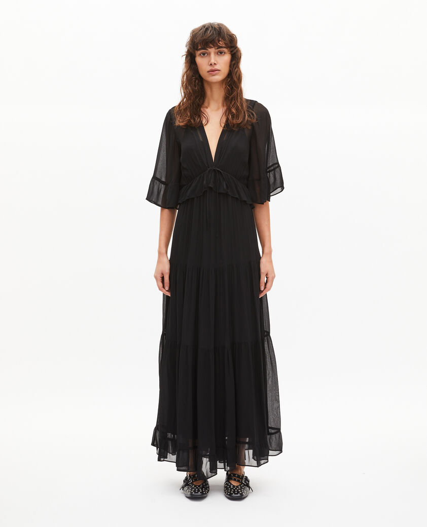 The Kooples FEMME BLACK robe longue volant&eacute;e noire