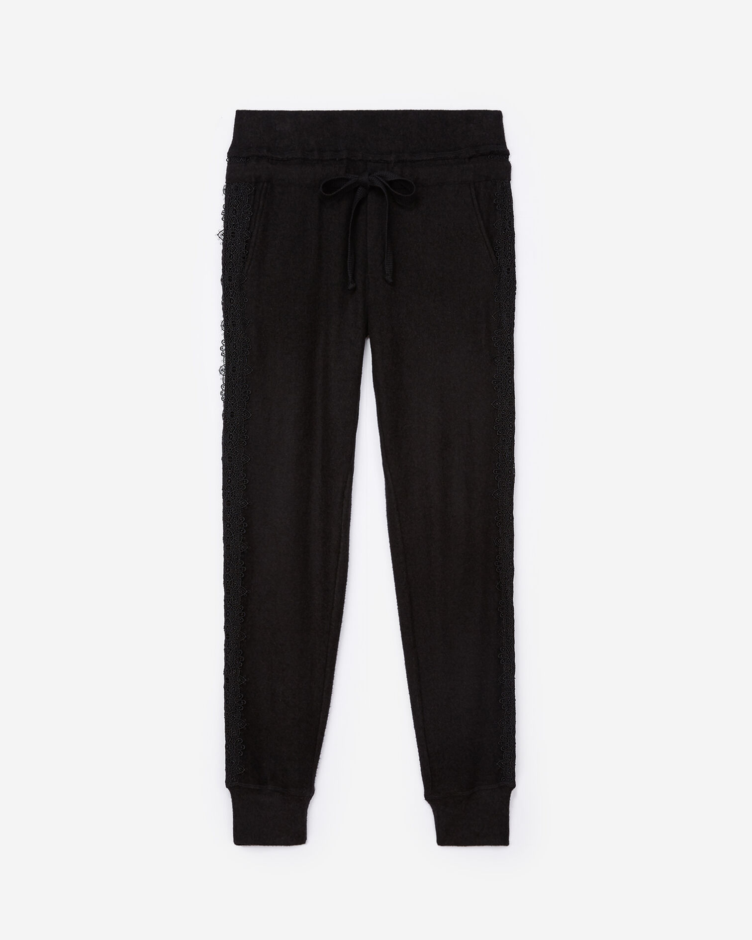 Jogginghose aus schwarzem Fleecegewebe mit Spitzendetails, BLACK, hi-res image number null
