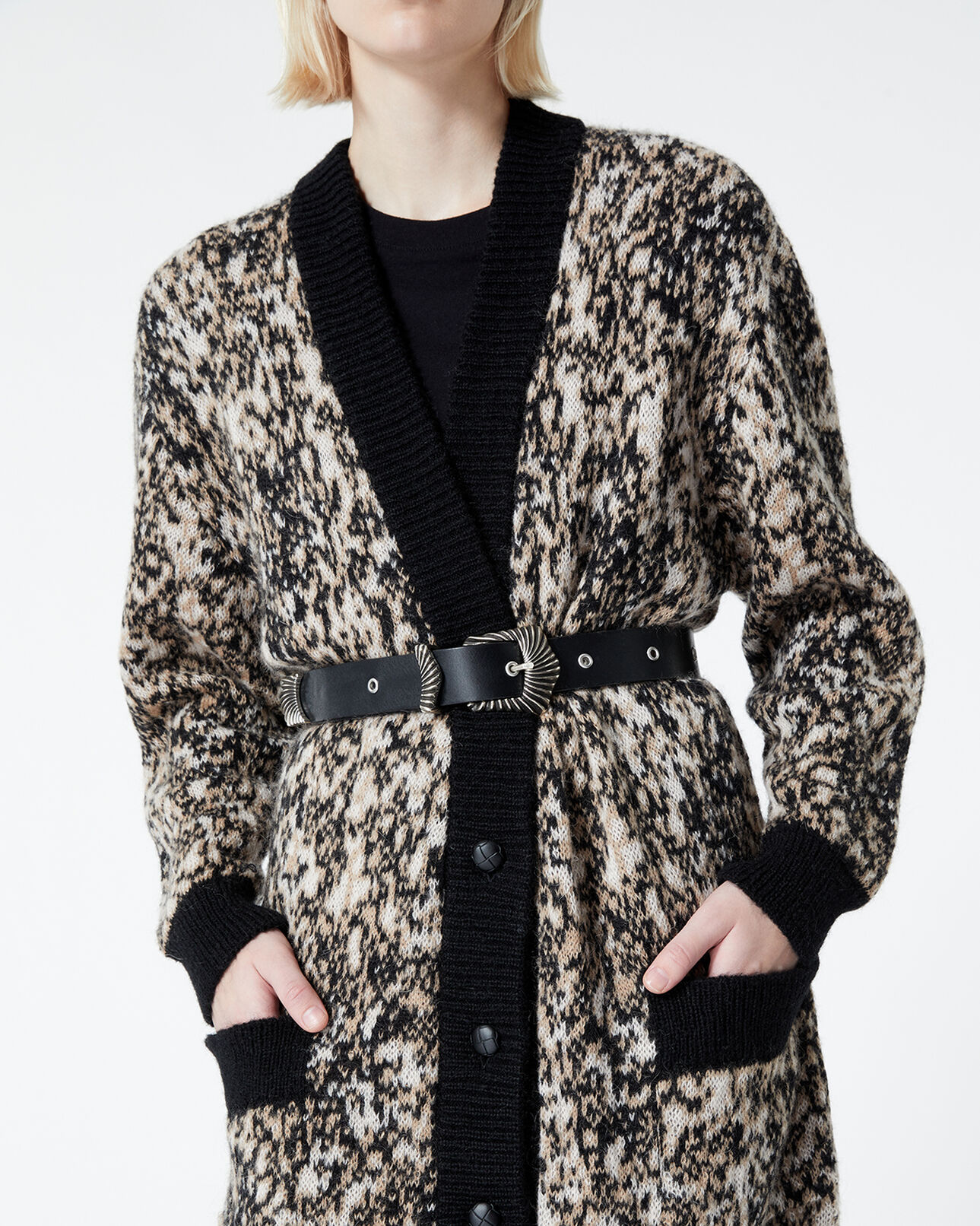The Kooples DAMEN WHITE + BLACK PRINT strickjacke leopardenprint lang