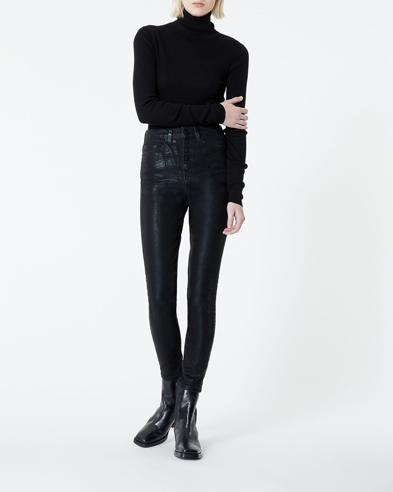 The Kooples FEMME BLACK jean noir enduit à boutons apparents