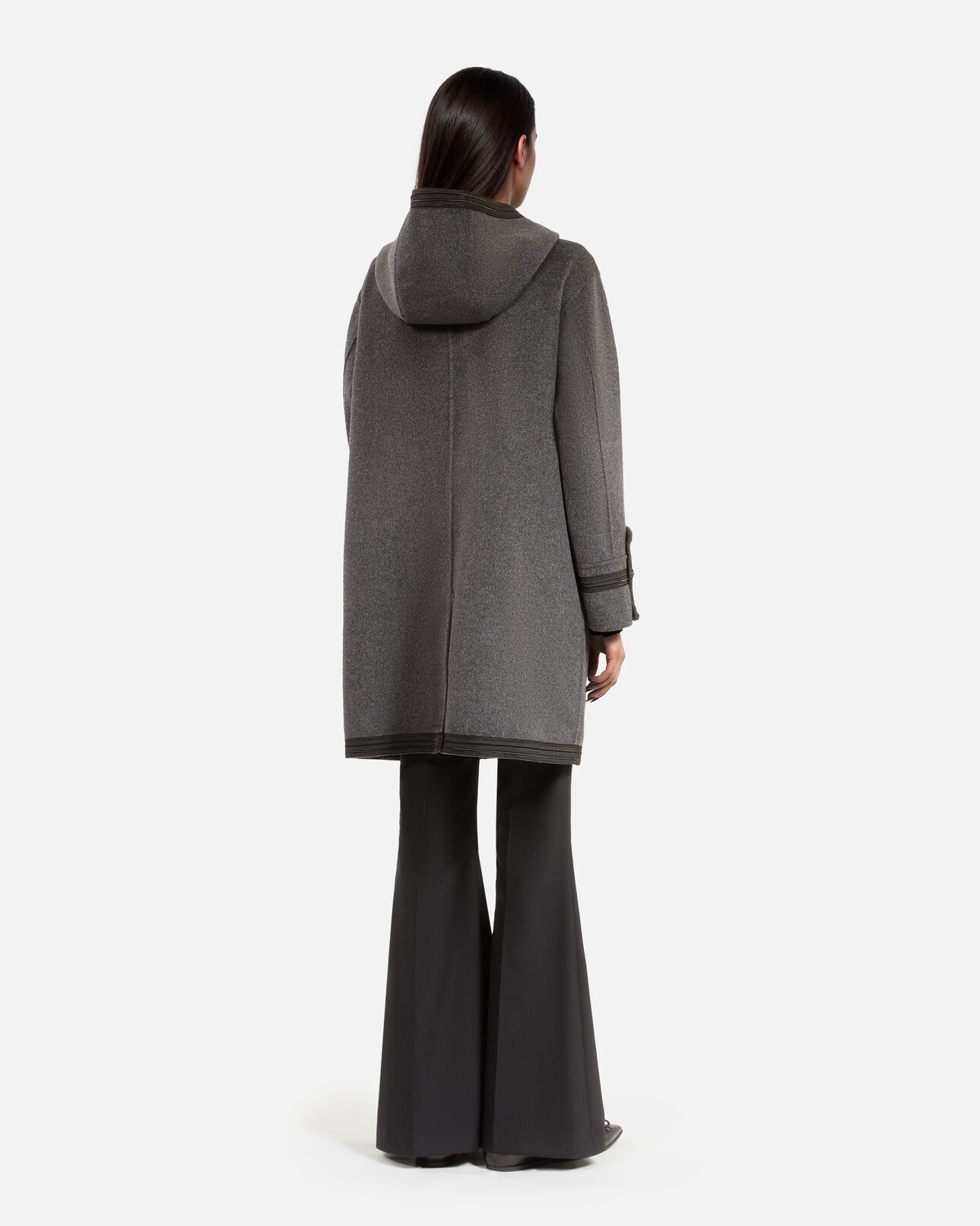 The Kooples WOMEN PETROL GREY long hooded pea jacket in grey wool