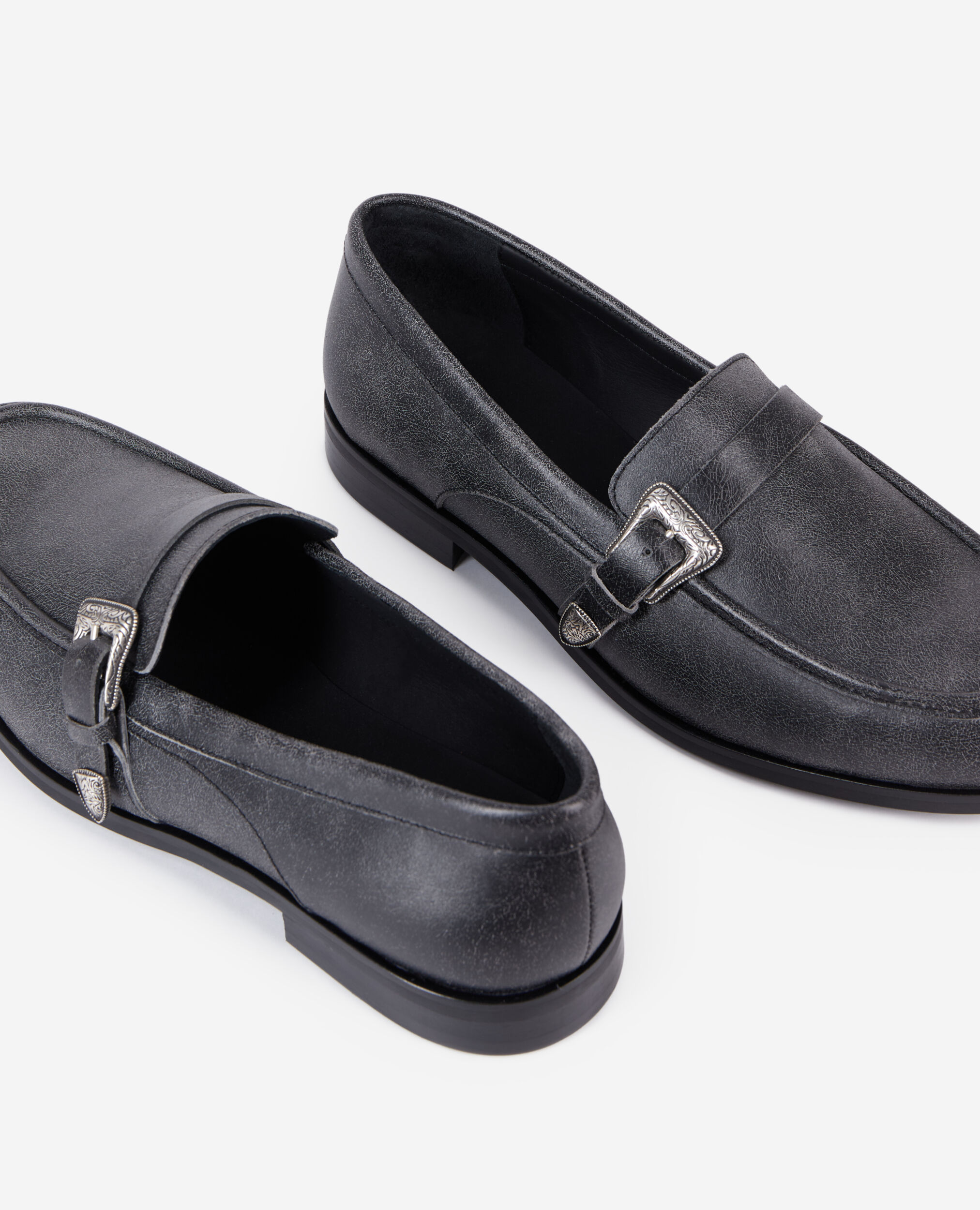 Black leather loafers with western buckle, BLACK, hi-res image number null