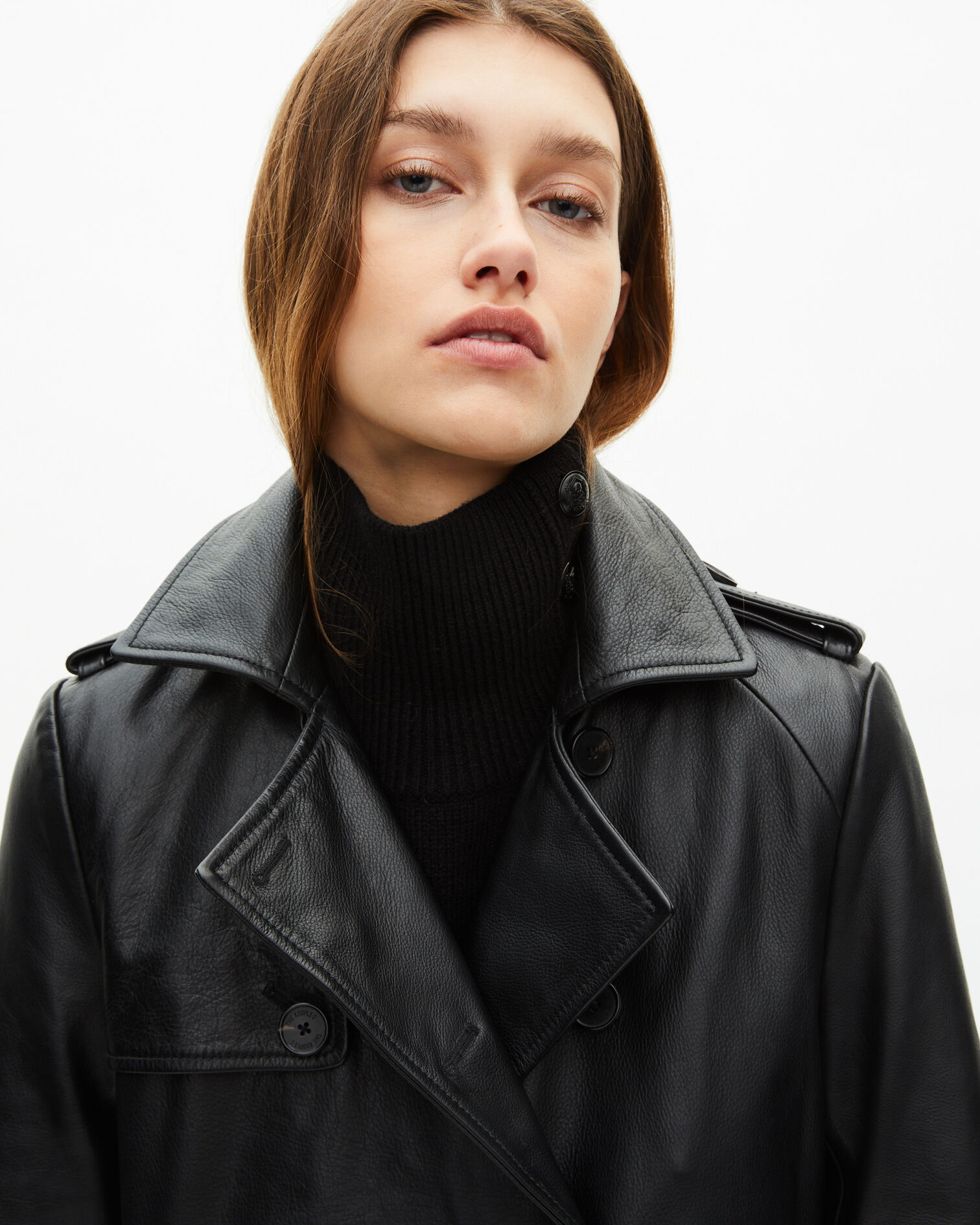 Long black leather trench coat, BLACK, hi-res image number null