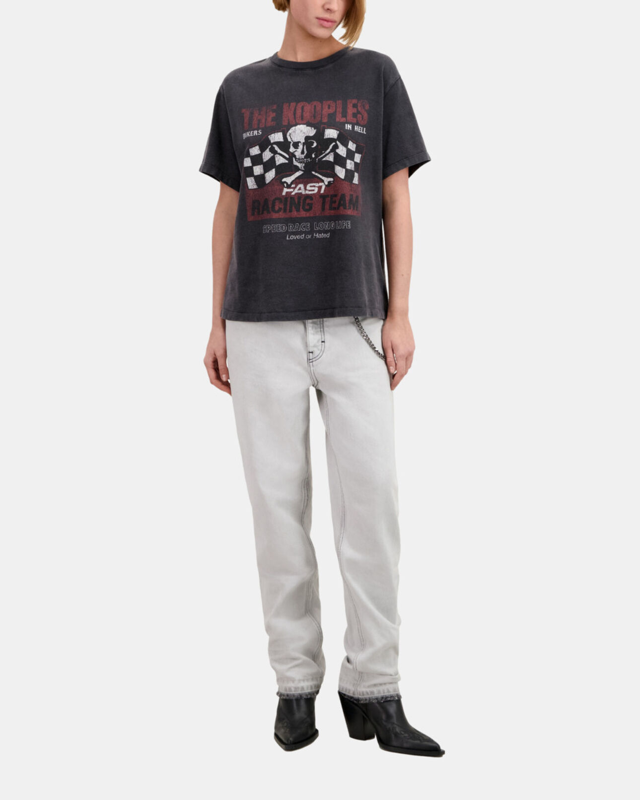 The Kooples WOMEN BLACK WASHED women's black t-shirt with racing skull serigraphy