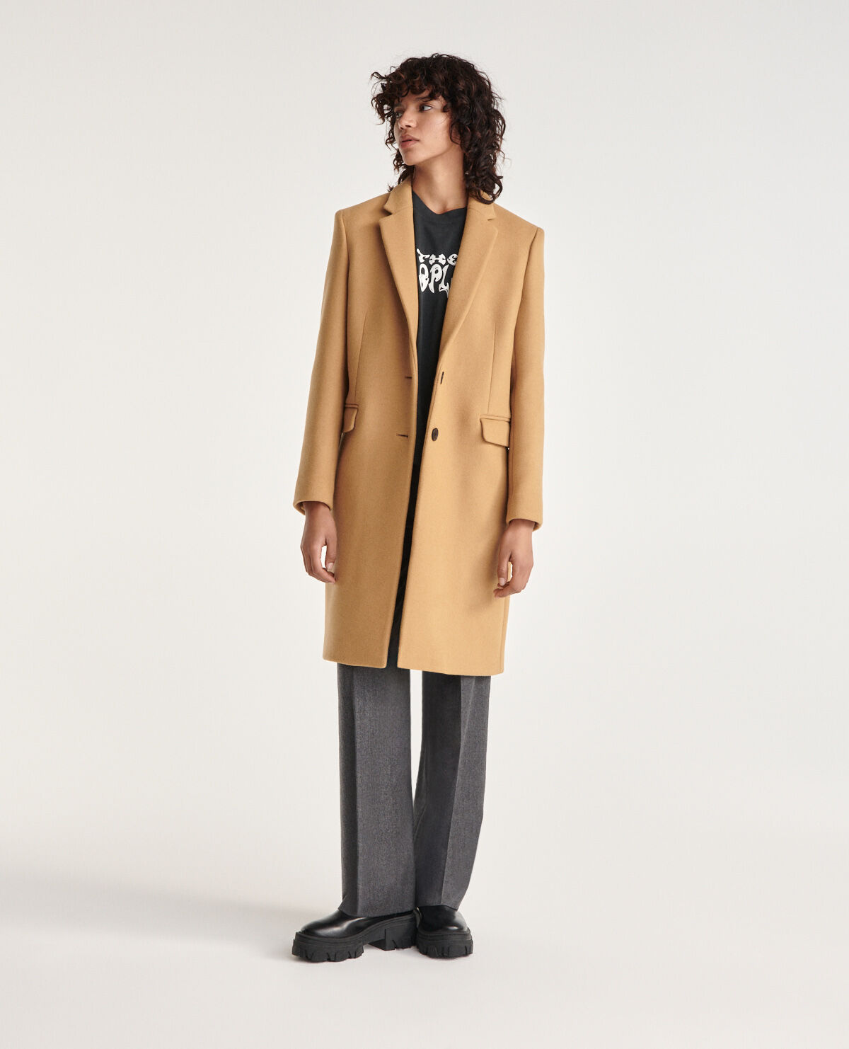 Fitted camel wool coat with leather detail The Kooples