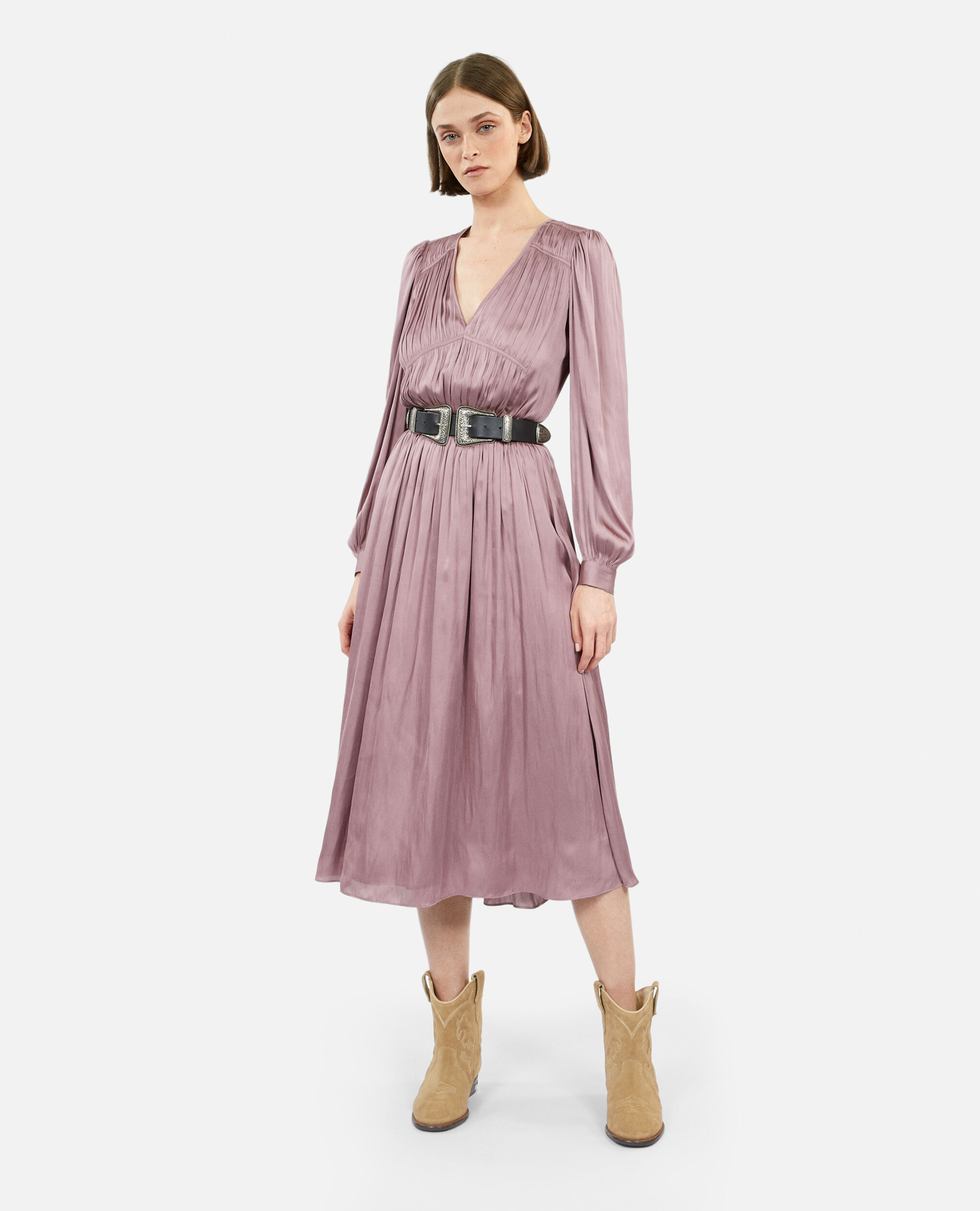 Long mauve dress with pleating, DARK PURPLE, hi-res image number null
