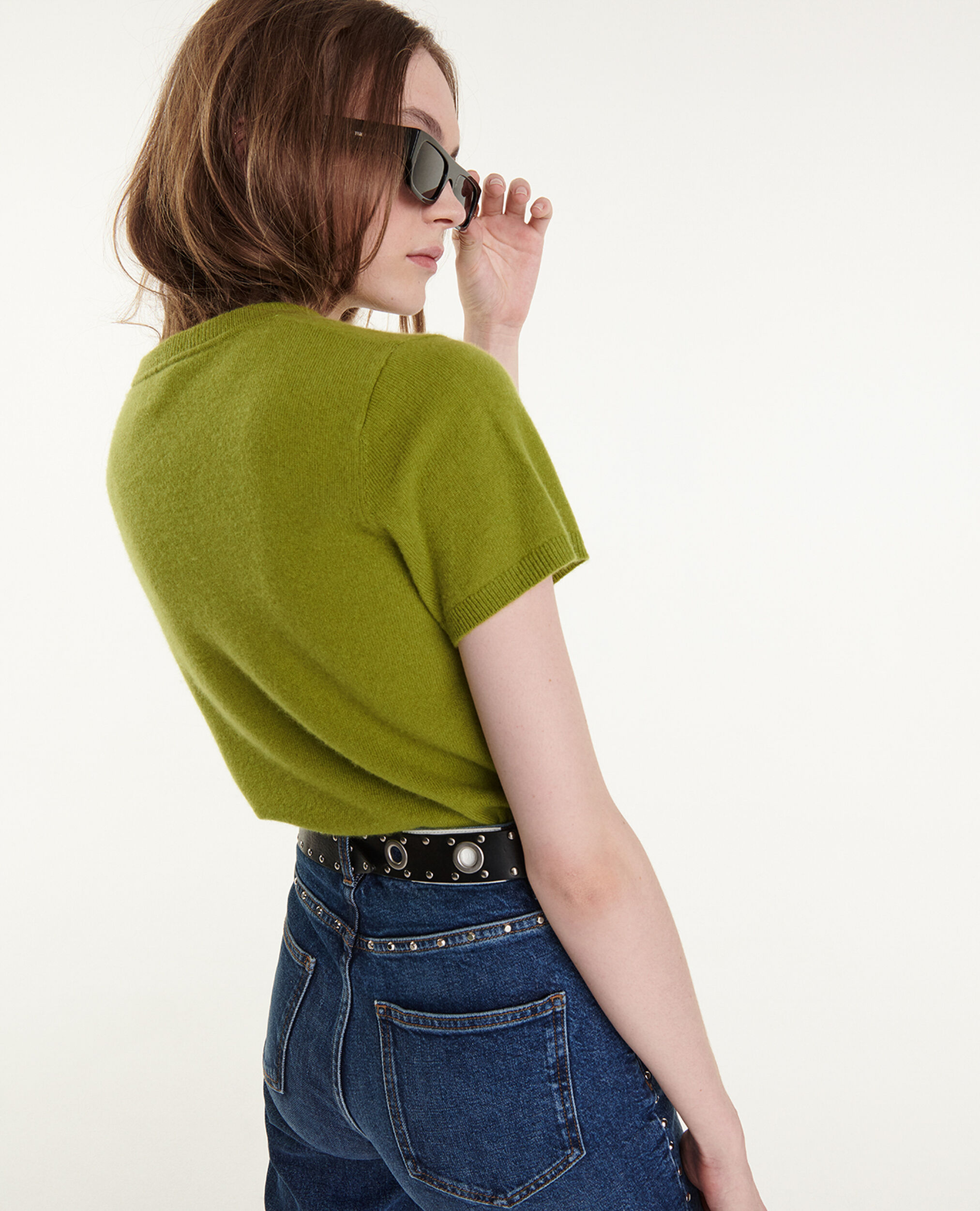 Fitted green crew neck cashmere sweater, GREEN, hi-res image number null