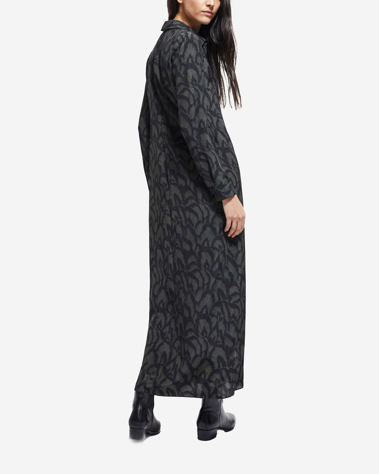 The Kooples FEMME KAKI BLACK robe longue en soie imprimée