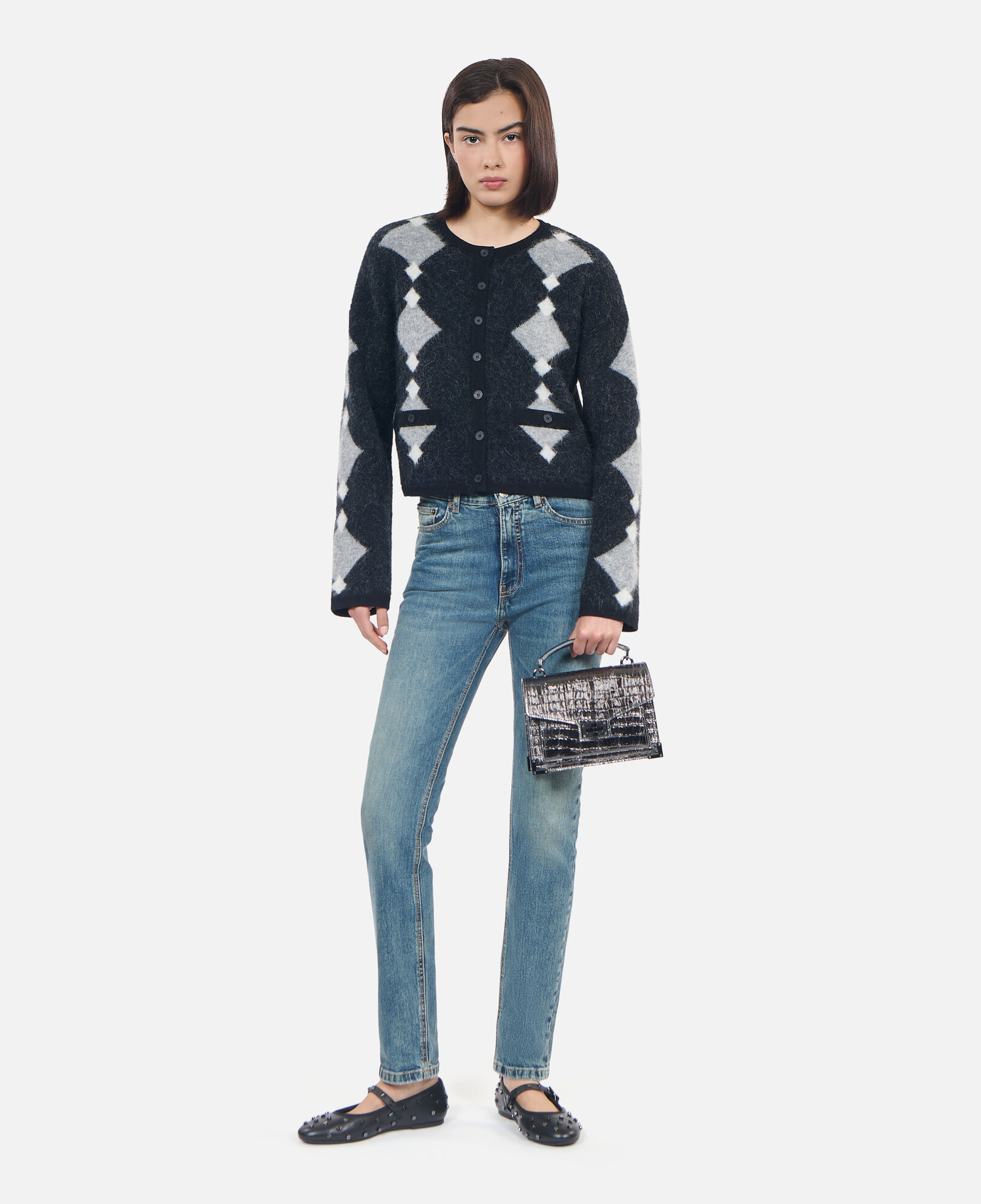 The Kooples DAMEN BLACK GREY WHITE grauer cardigan mit rauten aus alpaka
