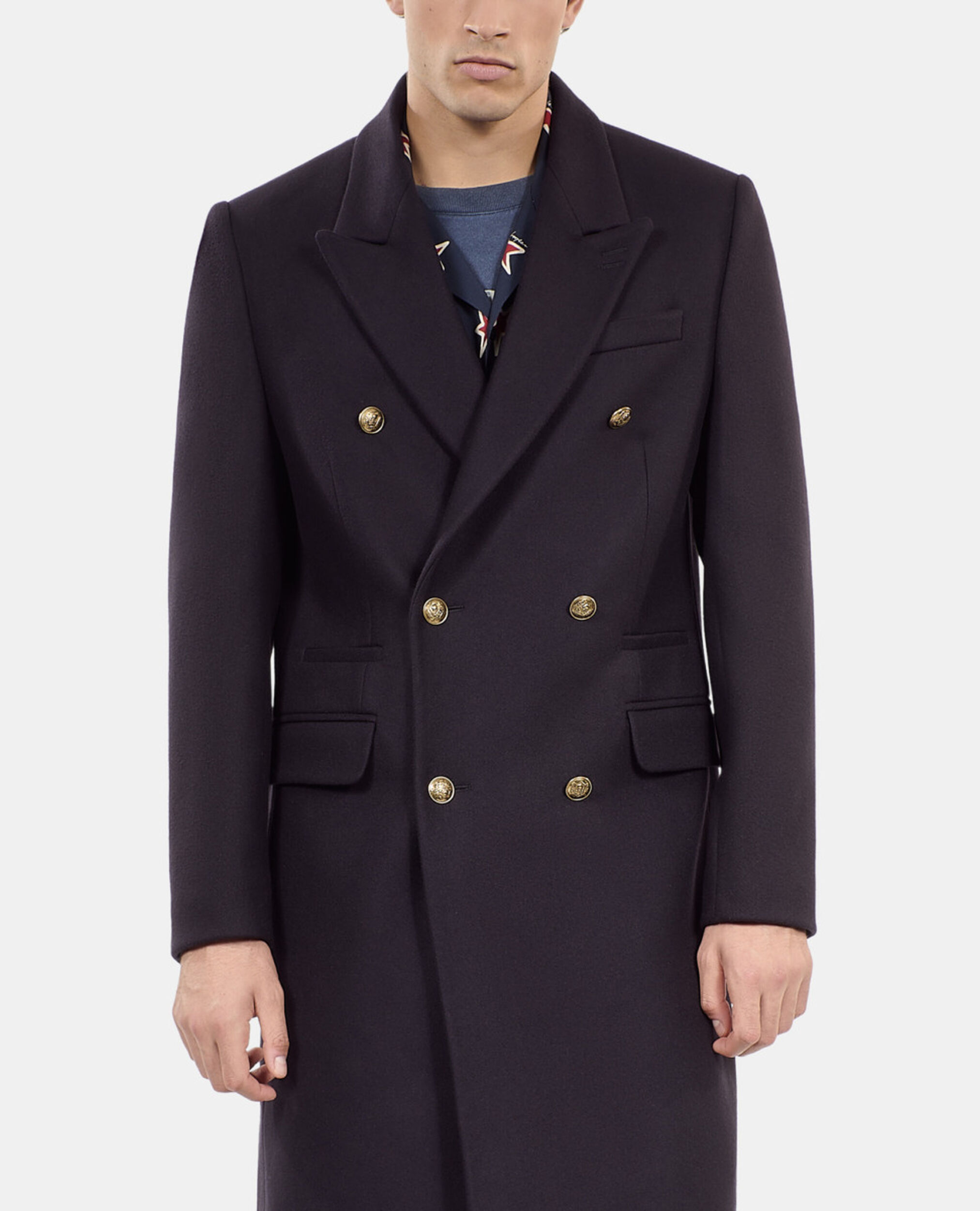 Manteau long en laine mélangée bleu marine, NAVY, hi-res image number null
