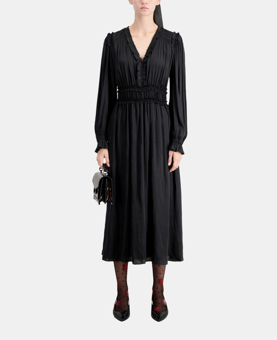 더 쿠플스 The Kooples Robe longue noire avec fronces,BLACK