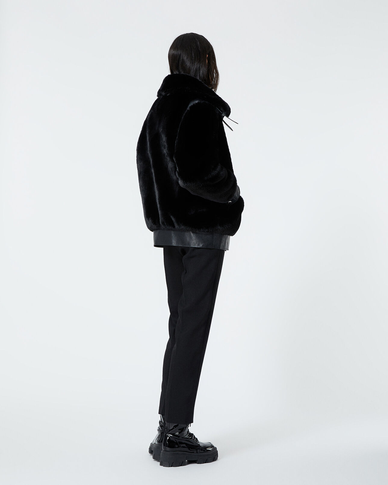 The Kooples WOMEN BLACK black faux fur coat with leather detail