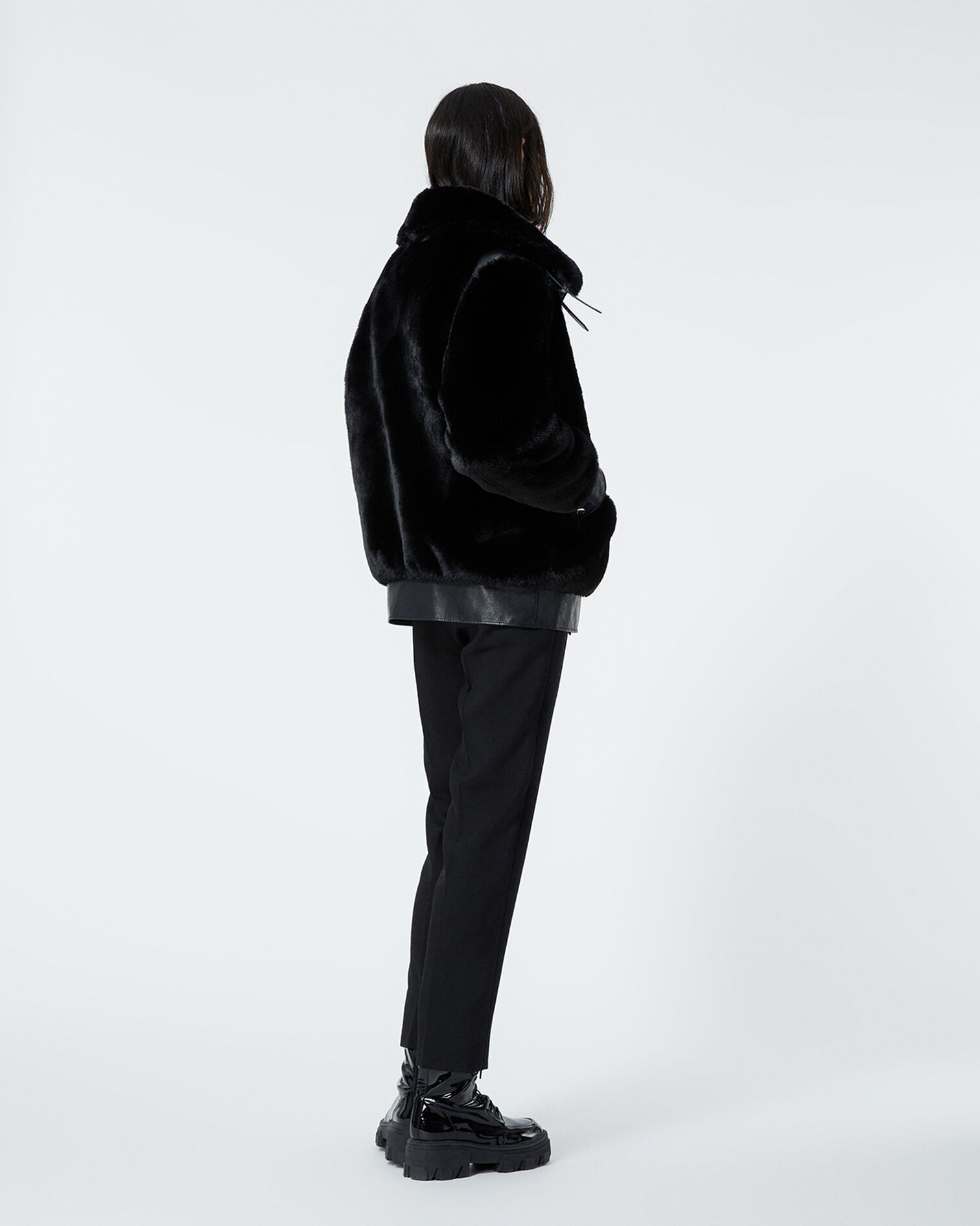 Black faux fur coat with leather detail, BLACK, hi-res image number null