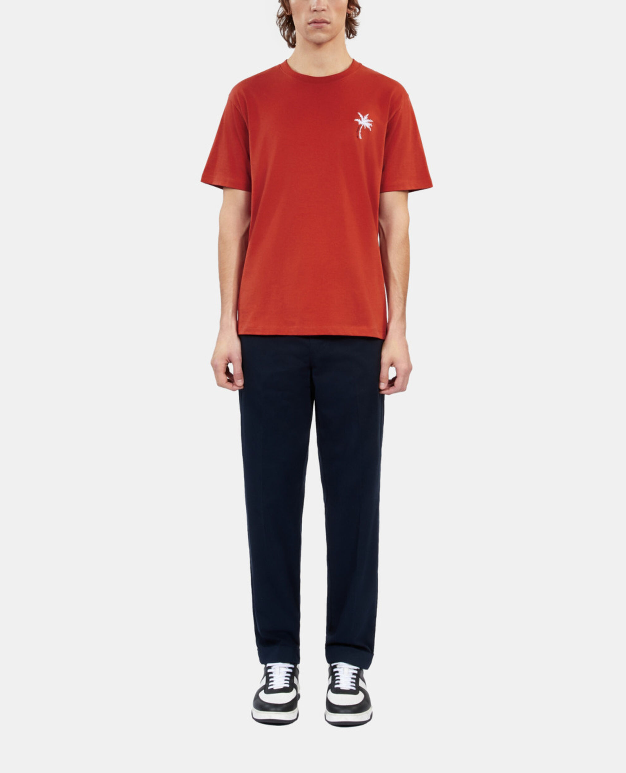 Red t-shirt with Palm tree embroidery, RED BRIQUE, hi-res image number null