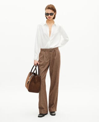 The Kooples FEMME CAMEL MELANGE / BURGUNDY pantalon tailleur large en pied de poule camel