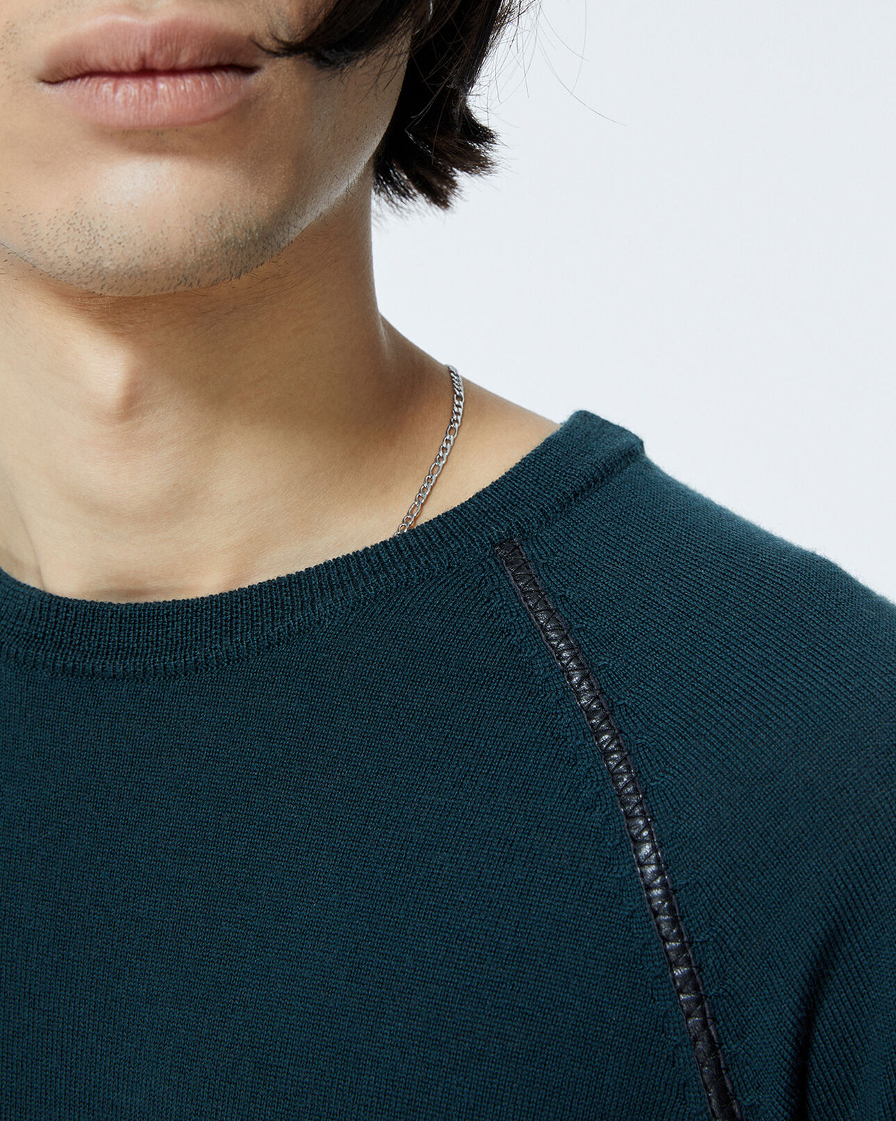 The Kooples MEN BOTTLE GREEN bottle green wool sweater w/leather details