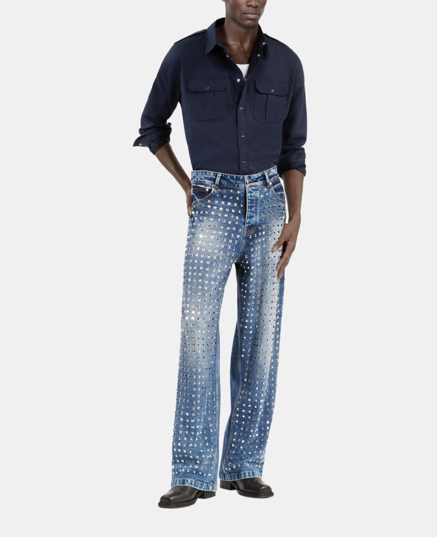 The Kooples MEN BLUE BLEACHED / NAVY blue wide leg studded jeans
