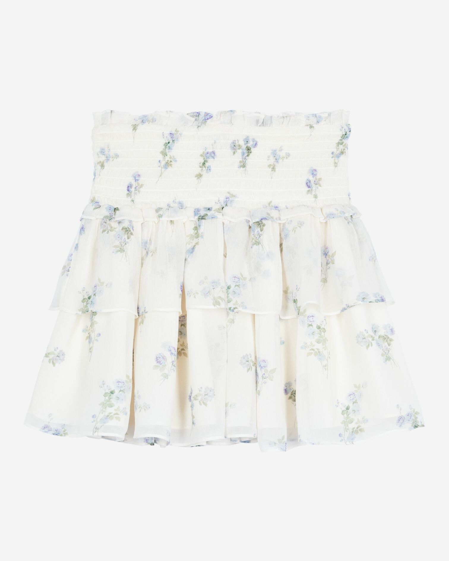 White floral print short skirt with ruffles, WHITE / SKY BLUE, hi-res image number null