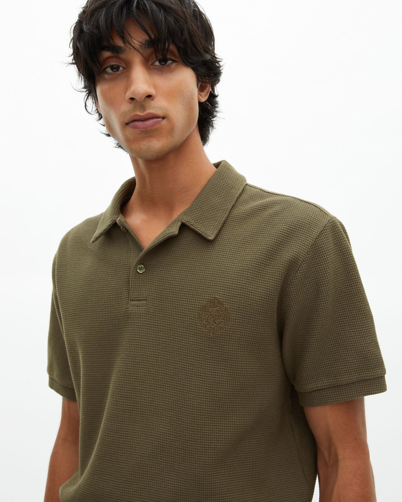 The Kooples H KAKI khaki honeycomb polo shirt with crest